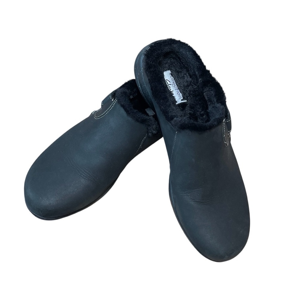 Clarks Collection Roseville Womens Leather Faux Fur Clogs Black Size 9.5 Comfy